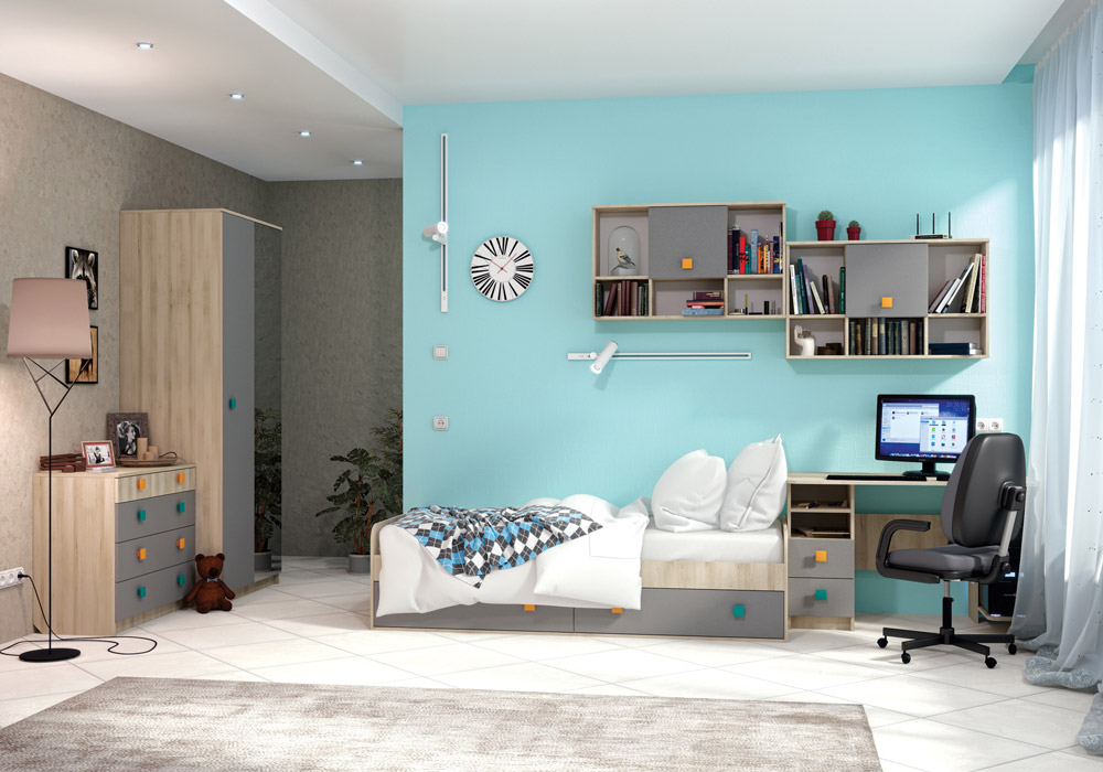 Модульная система для молодёжной комнаты Доминика цвет бук песочный/ серый шифер