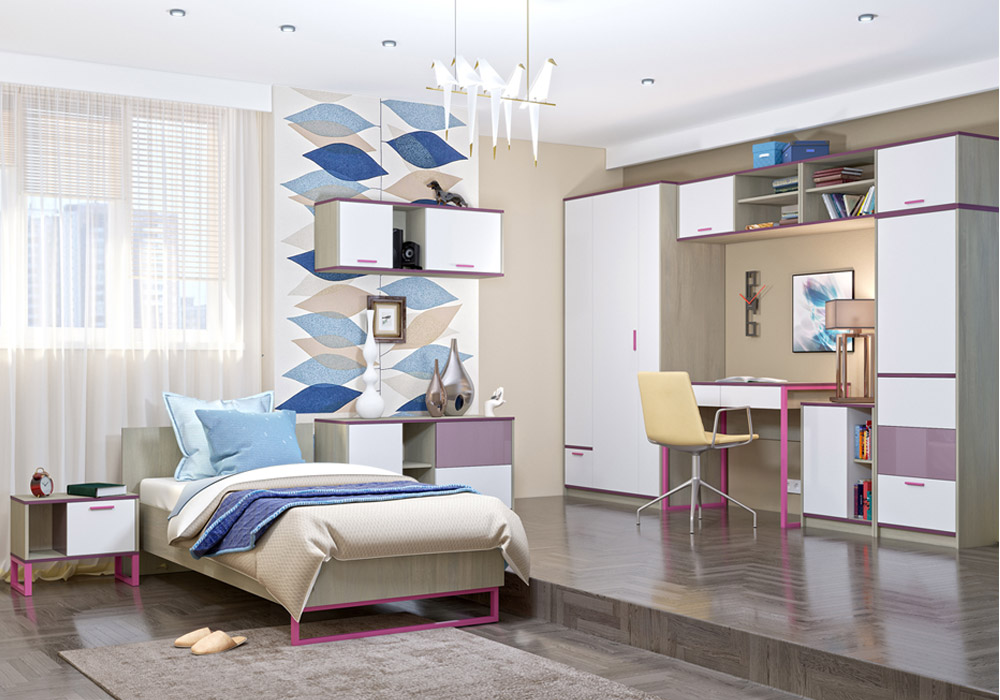 Гольф - модульная система для молодёжной комнаты цвет корпуса - вяз либерти светлый, фасада белый матовый/ перламутр черешня