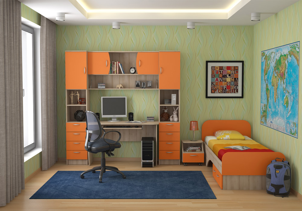 Мебель для детской комнаты Ника цвет бук песочный/ оранжевый